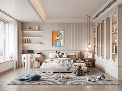 Cozy Modern Kids Bedroom With Toys Bed And Shelves 3d model