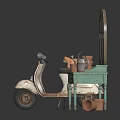 Vintage Scooter With Cat On Seat Near Teal Table Clay Pots Kettle And Arched Window