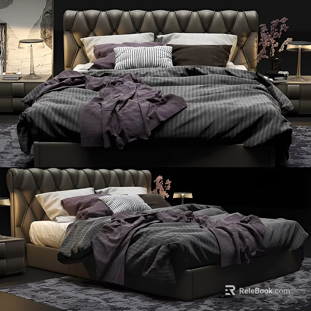 Luxurious Modern Double Bed With Leather Headboard Dark Striped Bedding And Decorative Pillows 3d model 