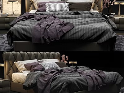 Luxurious Modern Double Bed With Leather Headboard Dark Striped Bedding And Decorative Pillows 3d model