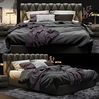 Modern Double Bed Italian Double Leather Double Dark Double Bedding Combo Fabric Bedding Backrest Double Bedside Table Combo Bedside Table Lamp 3d model