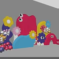 Colorful Felt Floral Art Installation With Flower Shapes Eye Elements Arch Decorations And Balloons
