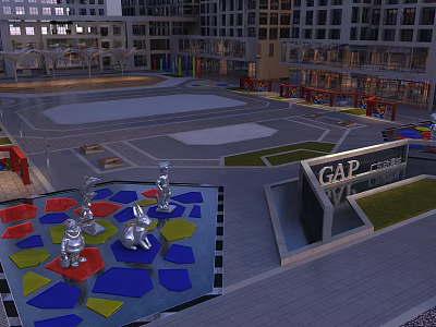 GAP Center Modern Plaza Featuring Colorful Ground Sculptures And Surrounding Buildings 3d model
