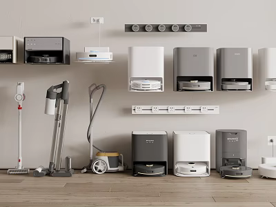 Smart Cleaning Machines Vacuum Cleaners Robot Vacuums And Air Purifiers On Wall And Floor 3d model