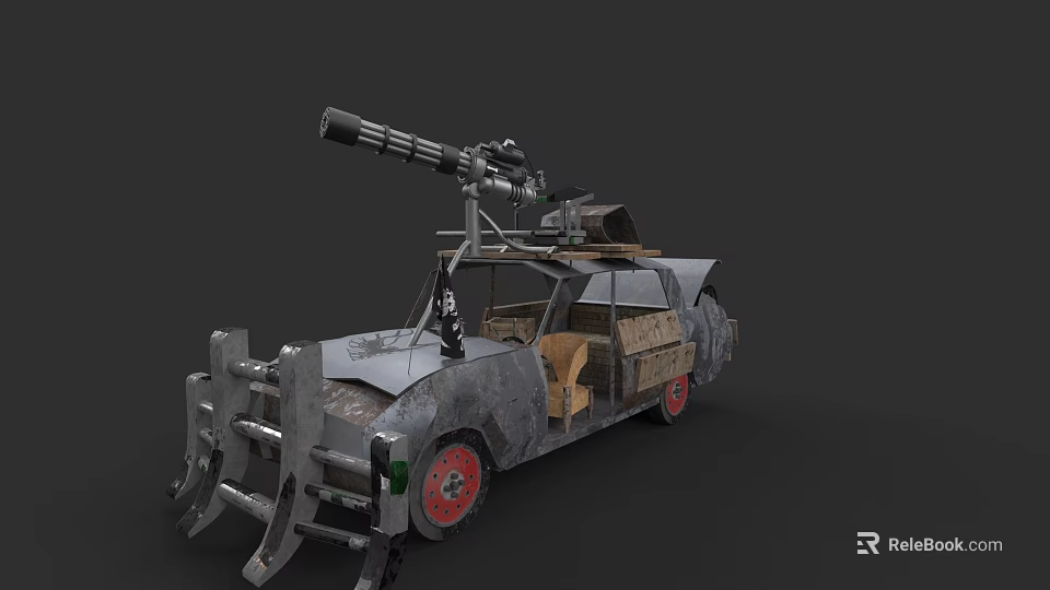 Armored Modified Car With Roof Mounted Cannon Rough Metal Body And Red Wheels 3d model 