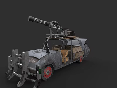 Armored Modified Car With Roof Mounted Cannon Rough Metal Body And Red Wheels 3d model