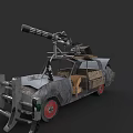 Armored Modified Car With Roof Mounted Cannon Rough Metal Body And Red Wheels