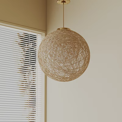 Spherical Woven Pendant Light in Beige Color for Minimalist Interior with Window Blinds 3d model