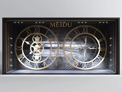 MEIDU Shop Window Display With Black Frame Golden Clocks Gears And Roman Numerals 3d model