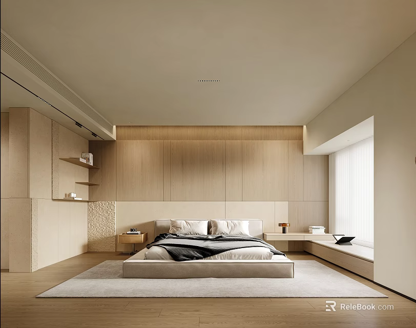 Modern Warm Bedroom Interior Design With Wooden Paneling Bed Window Seat And Rug 3d model 