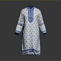 Traditional White Robe With Blue Geometric Patterns And Decorative Neckline Cuffs