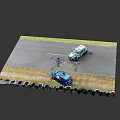 Severely Damaged Blue And White Cars After Traffic Collision With Scattered Debris