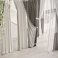 White Gray Sheer Curtains In Modern Living Room Interior With Green Plants Wooden Floor