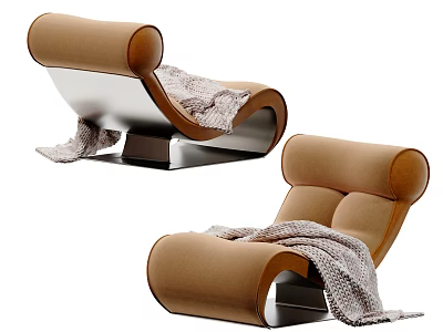 Modern Tan Lounge Chairs with Silver Metal Frame and Gray Knitted Blanket 3d model