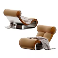 Modern Tan Lounge Chairs with Silver Metal Frame and Gray Knitted Blanket