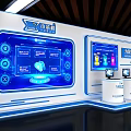 Other Tech Display Booth Featuring Blue Screens Interactive Interfaces White Podiums and Devices 3d model