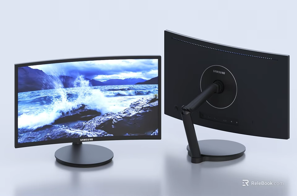 Curved Computer Monitors With Landscape Display And Modern Stand Design Front Back View 3d model 
