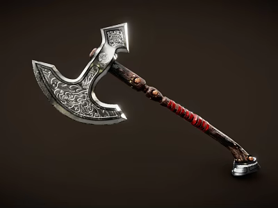 Ornate Metal Axe With Intricate Carvings And Red Wrapped Wooden Handle 3d model