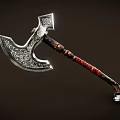 Ornate Metal Axe With Intricate Carvings And Red Wrapped Wooden Handle