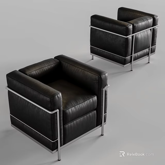 Modern Single Sofa with Black Leather Upholstery and Sturdy Metal Frame Design 3d model 