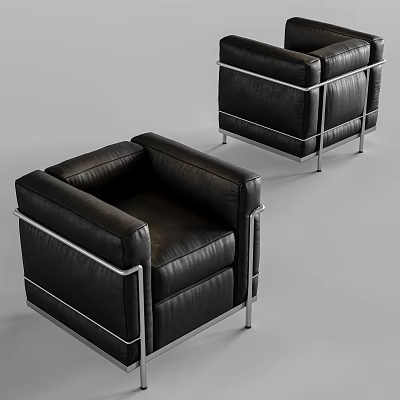 Modern Single Sofa with Black Leather Upholstery and Sturdy Metal Frame Design 3d model
