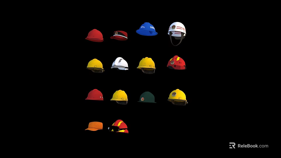 Multiple Safety Hats In Various Colors And Styles Displayed On Black Background 3d model 