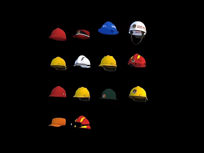 Multiple Safety Hats In Various Colors And Styles Displayed On Black Background 3d model