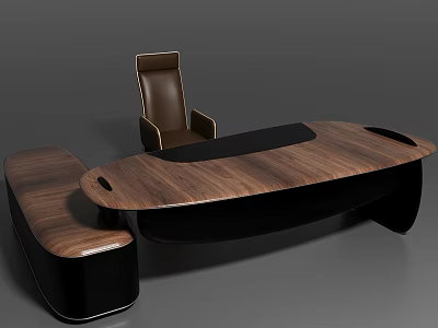 Modern Walnut Office Desk With Black Panel Brown Leather Chair And Matching Bench 3d model