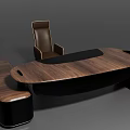 Modern Walnut Office Desk With Black Panel Brown Leather Chair And Matching Bench