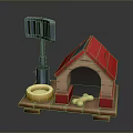 Red Roof Dog House With Pet Feeder Bowl And Dog Bone On Wooden Base