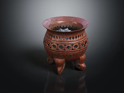 Brown Three Legged Ceramic Container With Carved Hollow Patterns For Home Decor 3d model