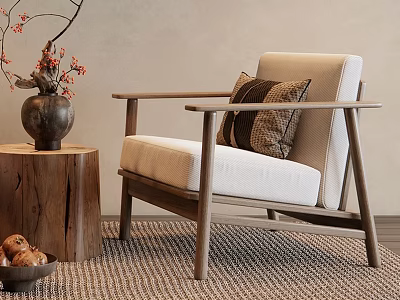 Natural Wooden Accent Chair with Linen Cushion Pillows and Woven Rug 3d model