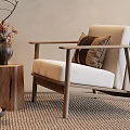 Natural Wooden Accent Chair with Linen Cushion Pillows and Woven Rug
