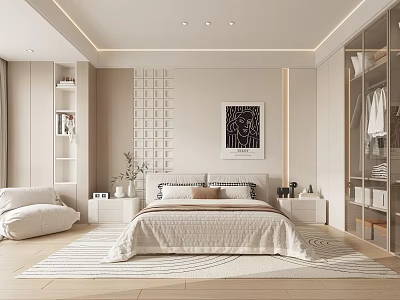 Modern Beige Bedroom Interior With Large Bed Wooden Floor Wall Art And Plush Carpet 3d model