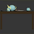 Wooden Dining Table With Blue Teapot Blue Mugs Cookies And Plates