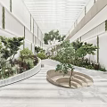 Modern Shopping Mall Lobby Featuring White Slatted Ceiling Green Plants Curved Seating And Slide