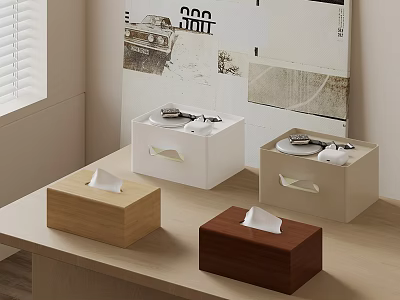 Beige White Light Wood And Dark Brown Tissue Boxes On Table With Poster 3d model