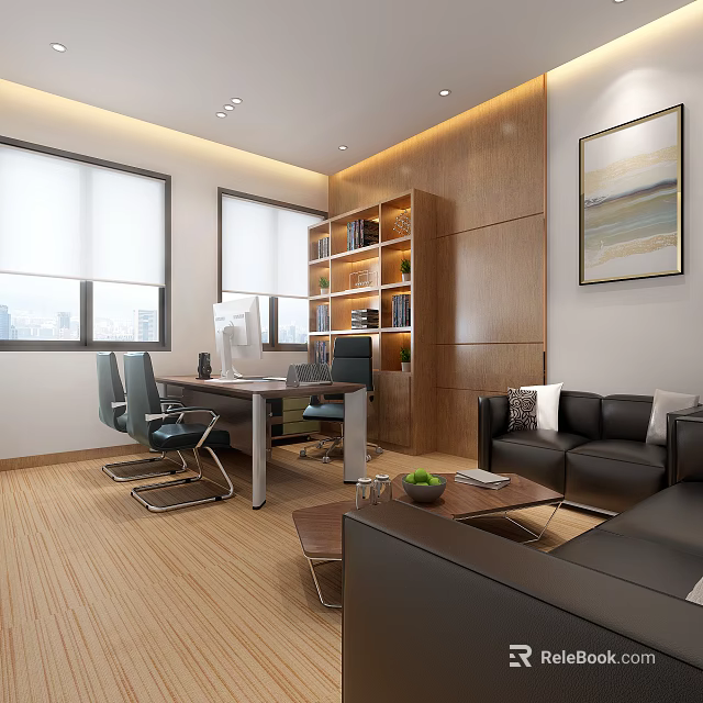 Modern Office Interior With Large Windows Wooden Desk Bookshelf Leather Sofa And Coffee Table 3d model 