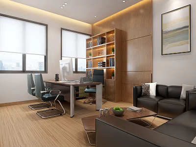 Modern Office Interior With Large Windows Wooden Desk Bookshelf Leather Sofa And Coffee Table 3d model