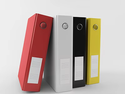 Four Colored Folders Red White Black Yellow with Round Label Hole and White Label Area 3d model