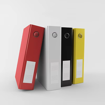 Four Colored Folders Red White Black Yellow with Round Label Hole and White Label Area 3d model