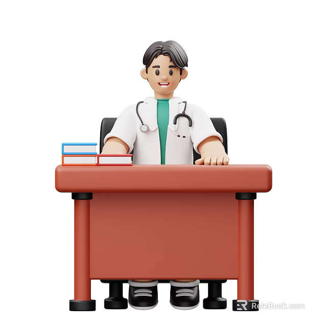 Male Doctor Sitting At Desk With Books Wearing White Coat And Stethoscope 3d model 