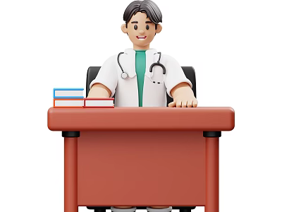 Male Doctor Sitting At Desk With Books Wearing White Coat And Stethoscope 3d model