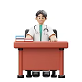 Male Doctor Sitting At Desk With Books Wearing White Coat And Stethoscope