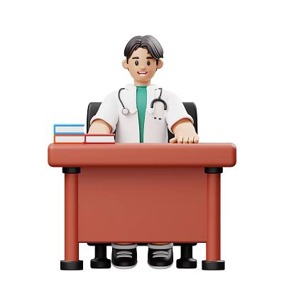 Male Doctor Sitting At Desk With Books Wearing White Coat And Stethoscope 3d model