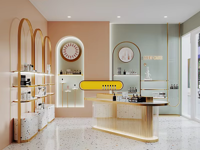 Elegant Modern Boutique Interior With Gold Arch Decorations Display Shelves And Counter 3d model