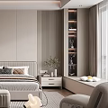 Modern Gray Tone Bedroom Interior With Open Closet Area Rug Bedside Lamp And Accent Chair