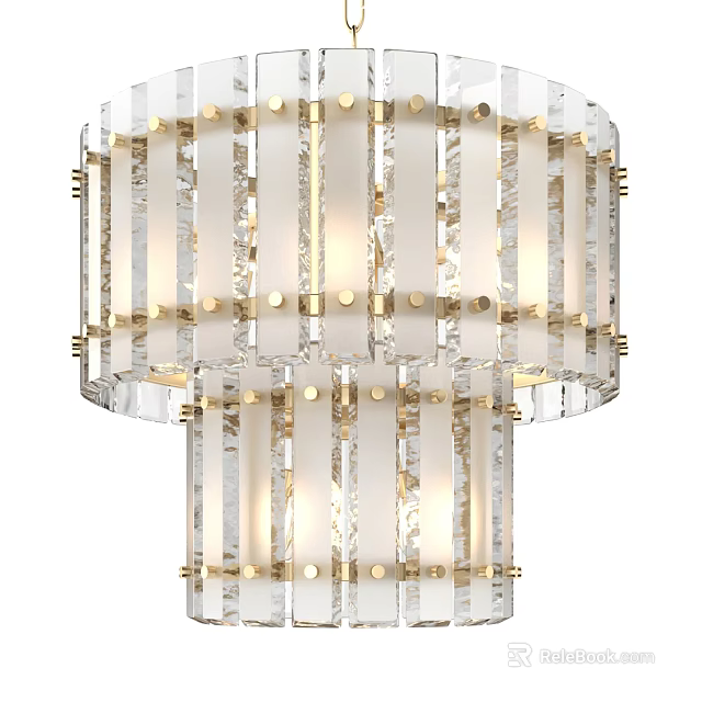 Elegant Modern Crystal Chandelier with Transparent Glass Strips and Gold Metal Frame Geometric Design 3d model 