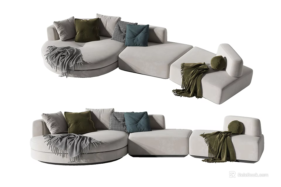 Modern Neutral Sectional Sofa With Multiple Cushions And Cozy Throw Blanket 3d model