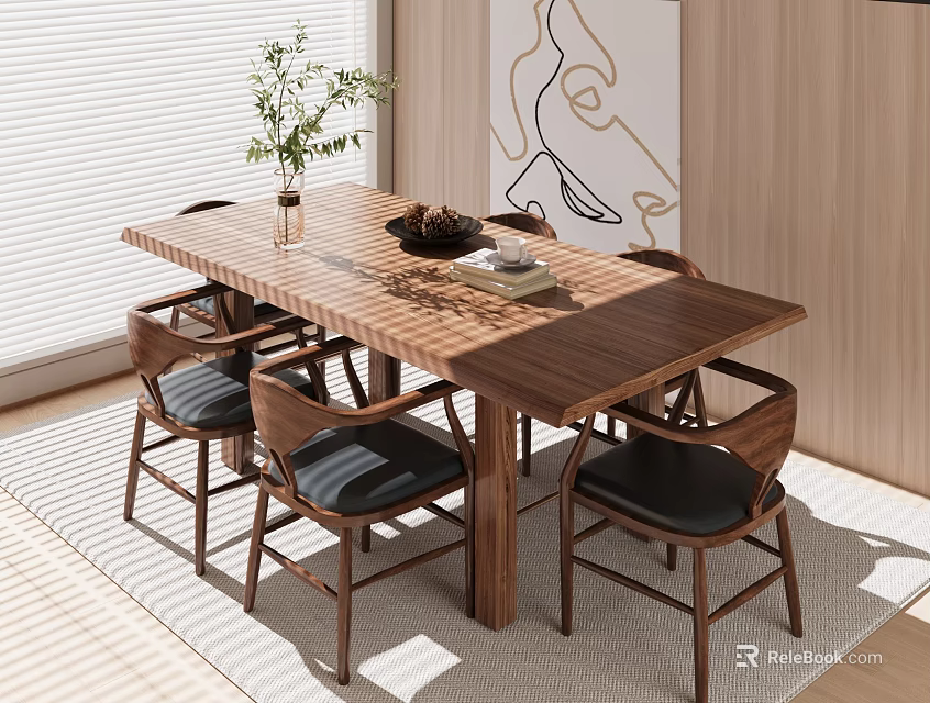 Modern Restaurant Interior With Wooden Dining Table Six Chairs Black Seats Vase And Green Plants 3d model 